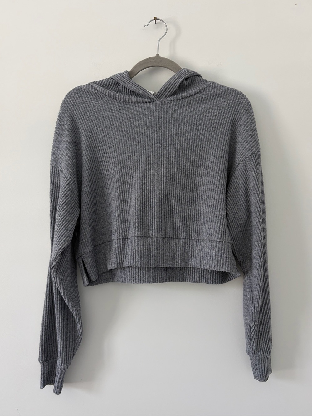 ALO Yoga Muse Cropped Ribbed Hoodie Steel Grey Heather XS NWOT